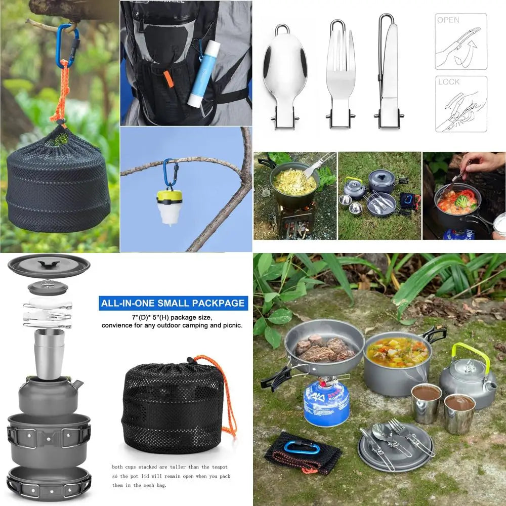 Lightweight Camping Cookware Set with Pot, Pan, Kettle, 2 Cups, Fork, and Spoon - Stainless Steel, Ideal for Backpacking, Hiking