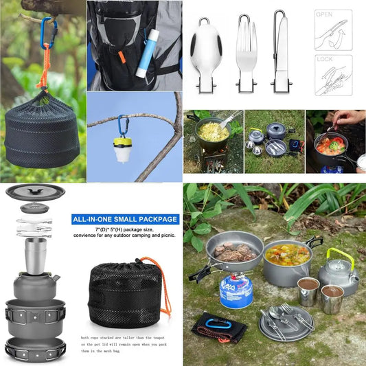 Lightweight Camping Cookware Set with Pot, Pan, Kettle, 2 Cups, Fork, and Spoon - Stainless Steel, Ideal for Backpacking, Hiking