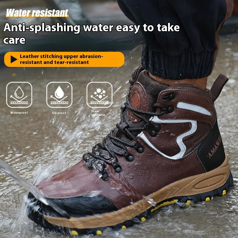 Waterpoof Leather Safety Shoes Men Steel Toe Work Shoes Anti-smash Anti-puncture Indestructible Shoes Protective Boots