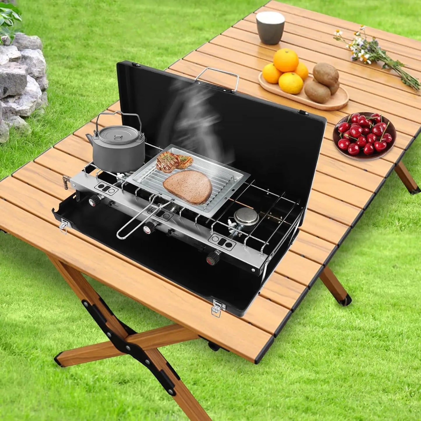 3-Burner Gas Camping Stove, 4500W Portable Outdoor Stove with Adjustable Flame, Foldable Design & Piezo Ignition, No Assembly Required