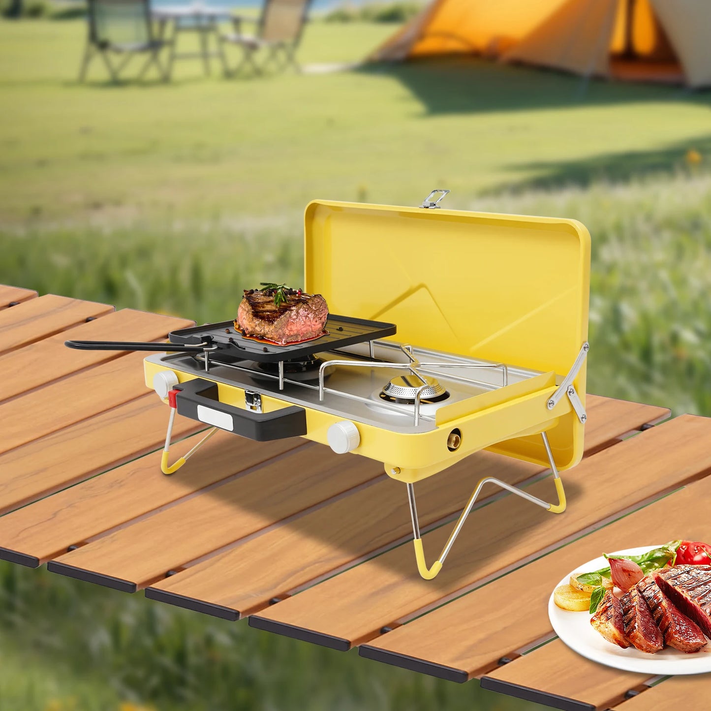 2-Burner Stainless Steel Camping Stove,Yellow/White Rectangular Portable Camping Stove Button+Knob for Outdoor Use