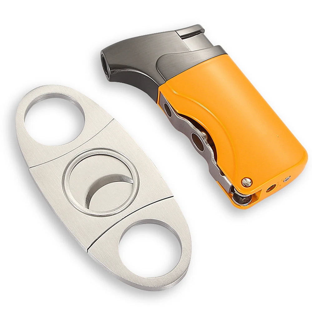 Windproof Butane Lighter Cutter Cigar Accessories Set Metal  Gas Torch Lighters Stainless Steel Sharp Cigar Cutter