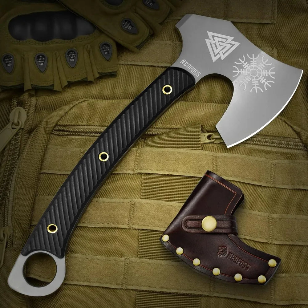 12.2 Tactical Tomahawk Axe with Leather Sheath, G10 Handle, Heavy Duty Full Tang Viking Axe with 4.3 Titanium Coated Bla
