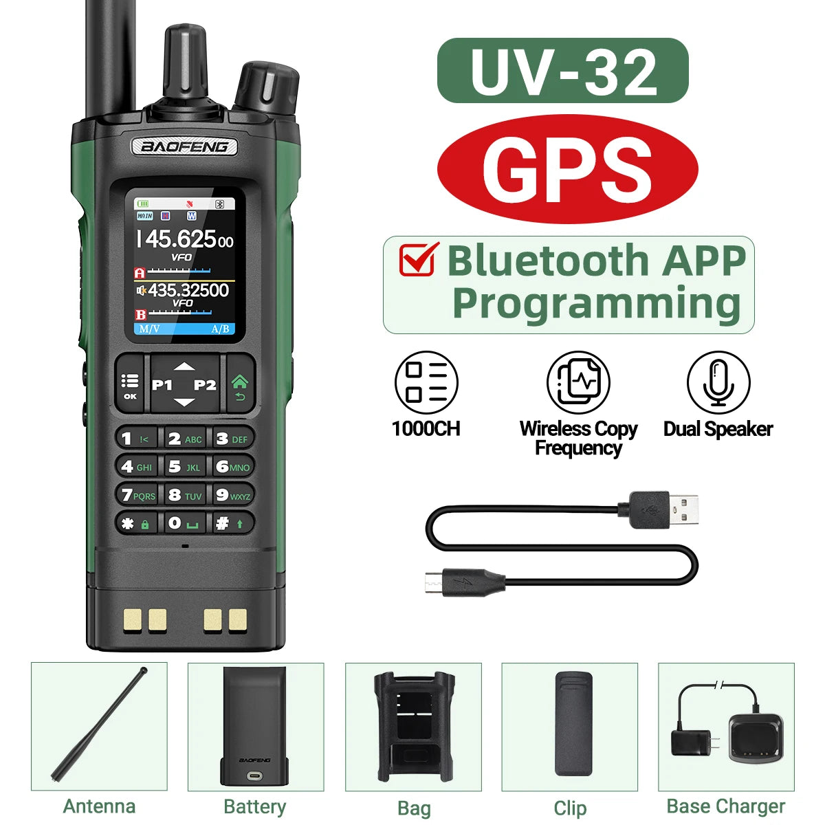 BAOFENG UV-32 GPS Walkie Talkie 10W Multi Band Bluetooth Programming Wireless Copy Frequency NOAA Long Range Ham Two Way Radio