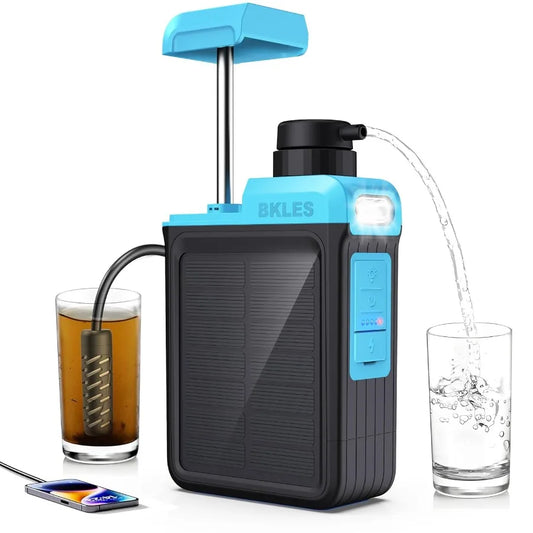 3-in-1 Solar Electric Water Filter with Hand Pump - Portable Camping Water Purifier in Black Emergency Light Survival Kit for B
