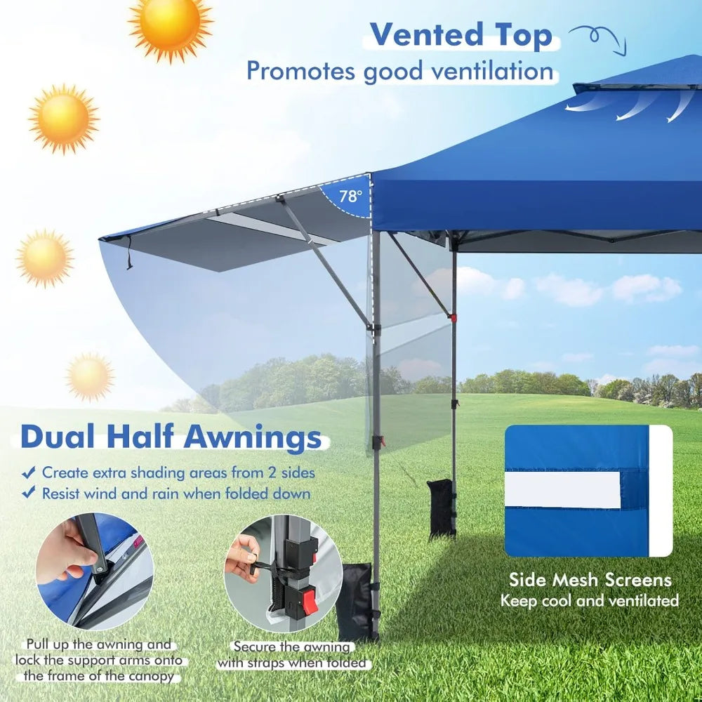 10x17.6 Ft Pop Up Canopy with Adjustable Dual Awnings,with 8 Stakes, 4 Ropes, 4 Sand Bags, Wheeled, 2 Tier Outdoor Canopy Tent