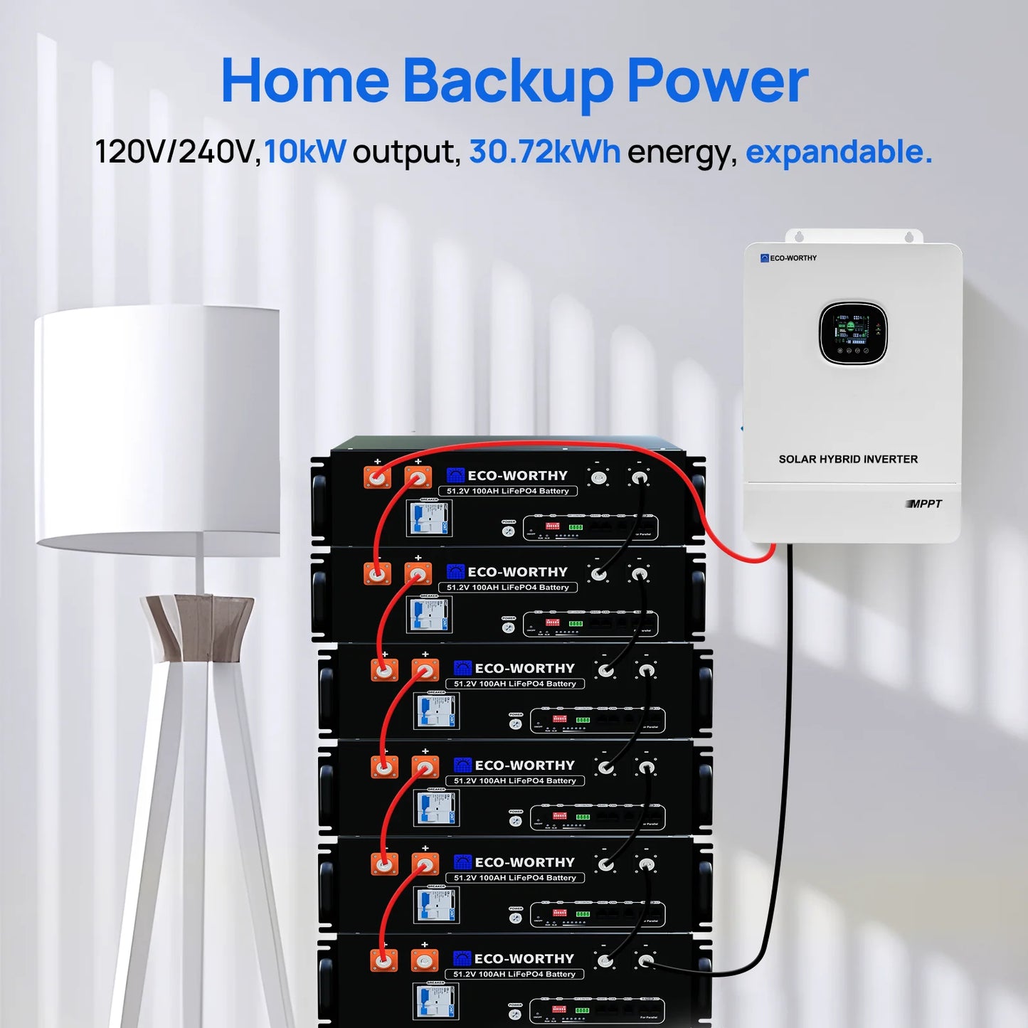 ECO-WORTHY Home Backup Power 6PCS 30.72kwh 48V 100AhLiFePO4 Lithium Battery +10KW 48V Off-grid Inverter for Solar Energy