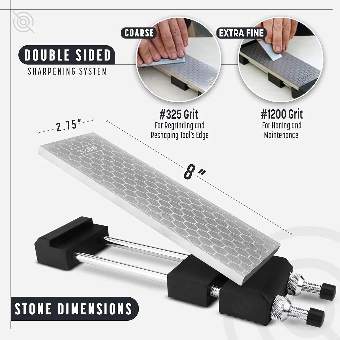 Diamond Whetstone Knife Sharpener Kit - Coarse 325/Fine 1200 Grit with Non-Slip Base & Angle Guide for Tools