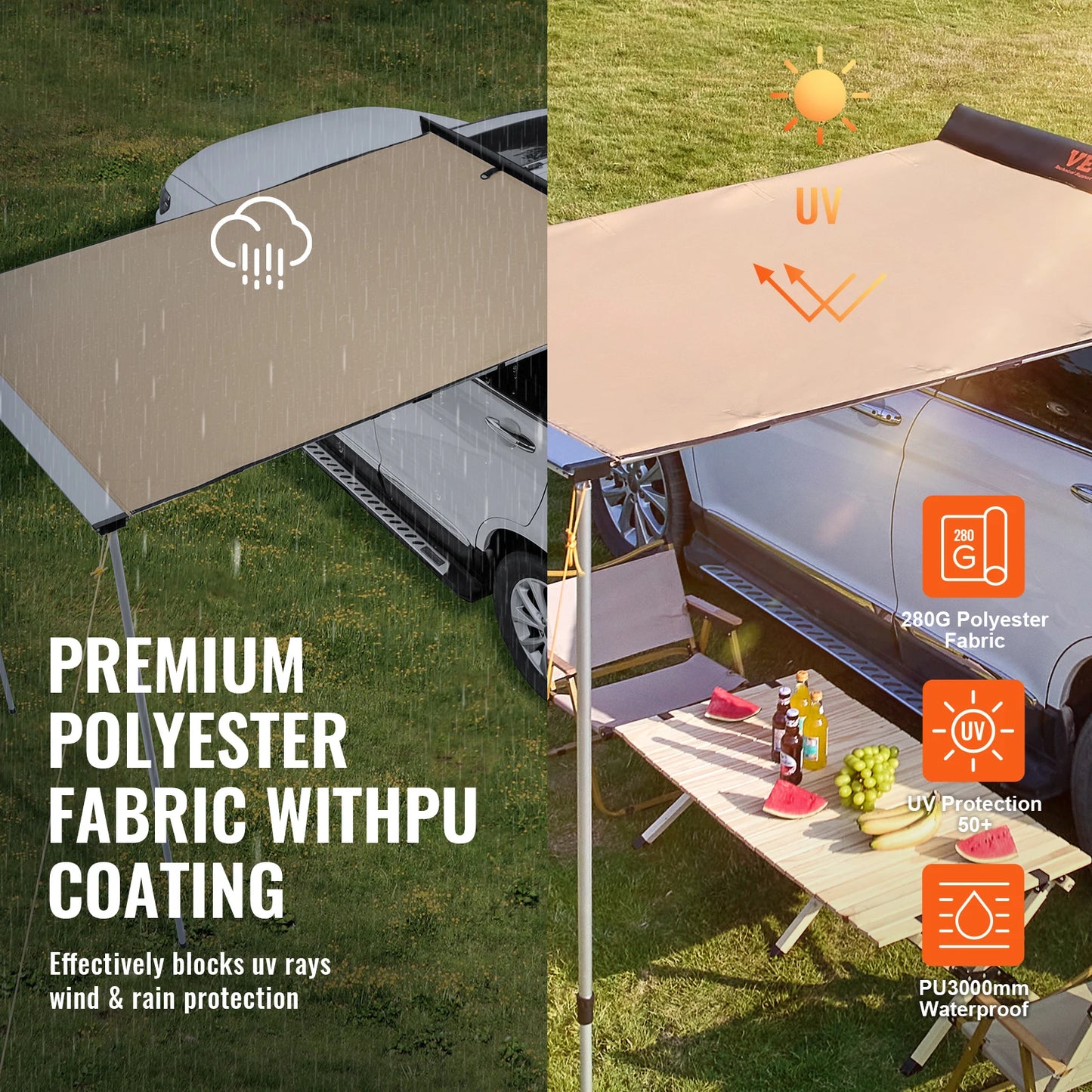 VEVOR Vehicle Awning  Retractable Car Side Awning Car Awning with Waterproof Storage Bag  Suitable for Truck SUV Van Campers