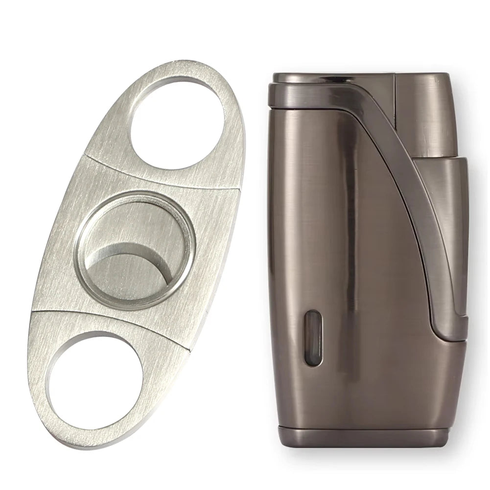 Windproof Butane Lighter Cutter Cigar Accessories Set Metal  Gas Torch Lighters Stainless Steel Sharp Cigar Cutter