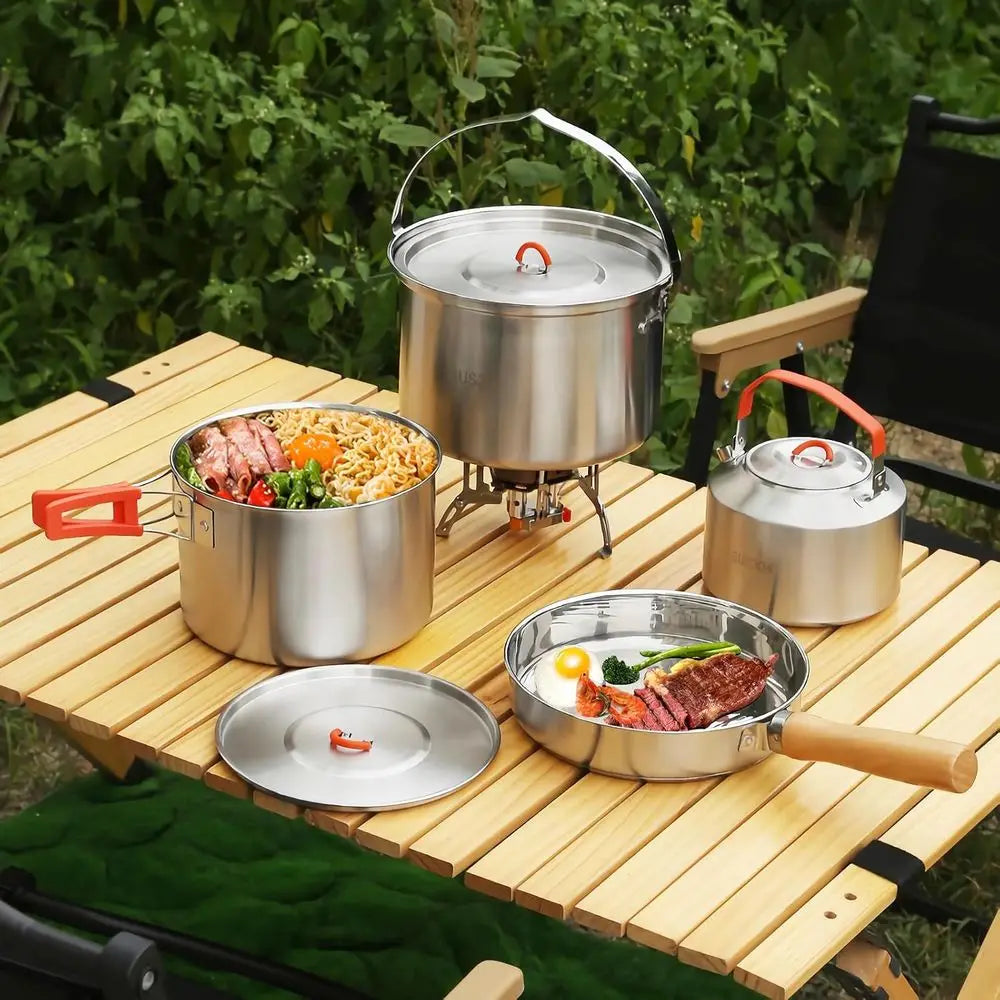 Camping Cookware Set,Camping Cooking Set,304 Stainless Steel Camping Pots and Pans Set,Durable Camping Gear with Kettle for Hiki