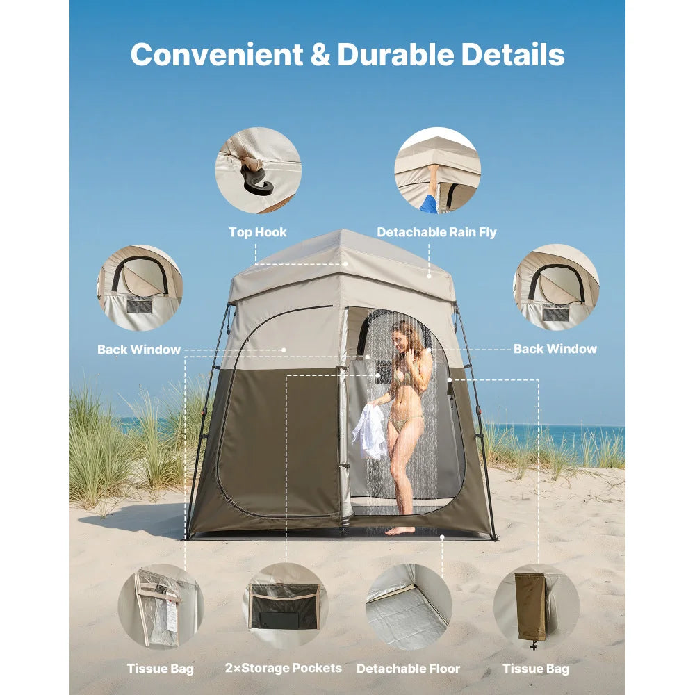 Camping Shower Tent, 2-Room Foldable Portable Privacy Tent Changing Room with Ground Stakes, Ropes, and Carry Bag, 150D Oxford Fabric with Silver Coating, for Camping, Beach, and Fishing