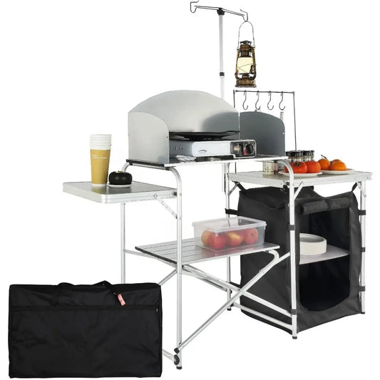 Folding Outdoor Cooking Table with Storage Bag, Aluminum Cook Station & Windscreen for Picnics, BBQ, RV Travel