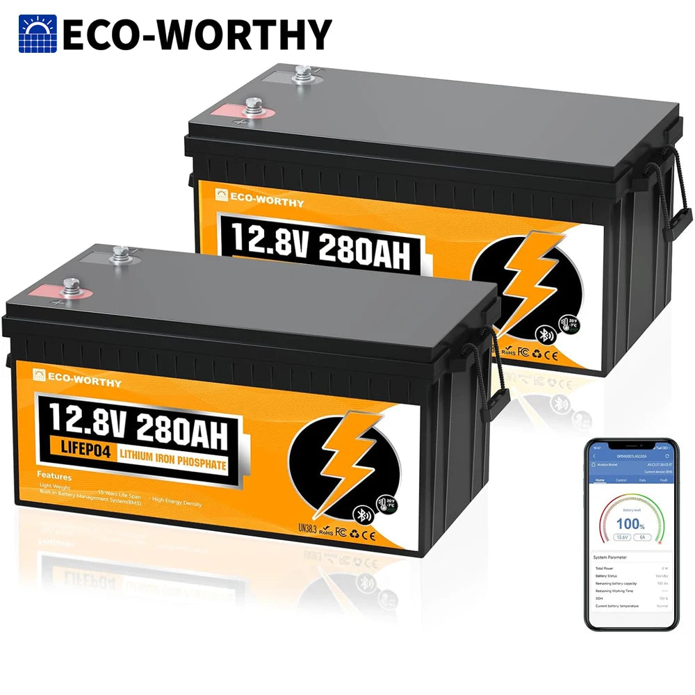 ECO-WORTHY 2Peak 12V 280Ah LiFePO4 RV Battery w/Bluetooth & Low Temp Cutoff - Built-in 200A BMS - Deep Cycle for Camper, Traile
