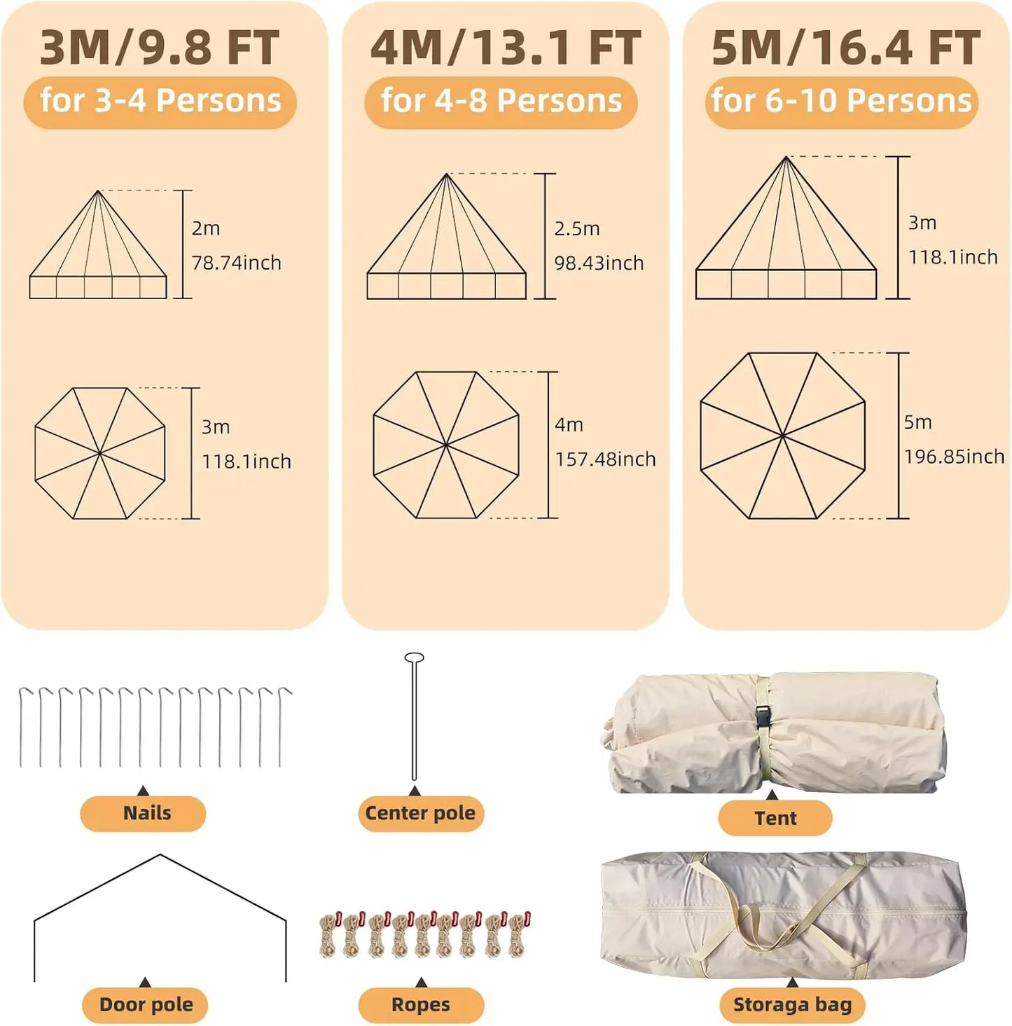 Bell Tent, Yurt Tent 4/6/8/10 Person 4 Season Waterproof Glamping Tents with Stove Jack for Family Camping Outdoor