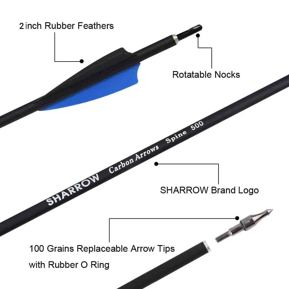 12pcs 30" Carbon Arrows SP500 Vanes Compound Recurve Bow Hunting Archery Target 2'' Rubber Vanes Carbon Fiber Arrow Shaft