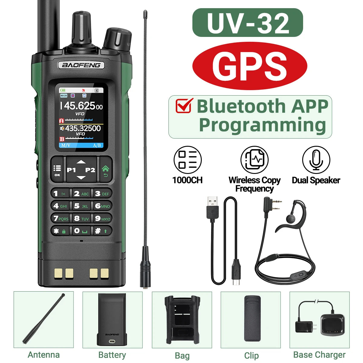 BAOFENG UV-32 GPS Walkie Talkie 10W Multi Band Bluetooth Programming Wireless Copy Frequency NOAA Long Range Ham Two Way Radio
