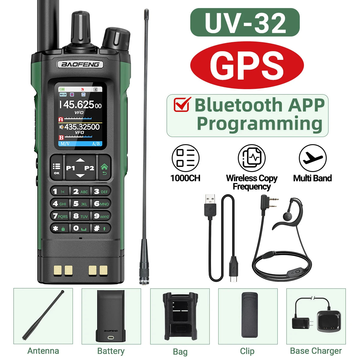 BAOFENG UV-32 GPS Walkie Talkie 10W Multi Band Bluetooth Programming Wireless Copy Frequency NOAA Long Range Ham Two Way Radio