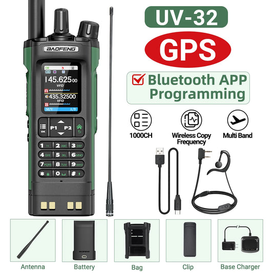 BAOFENG UV-32 GPS Walkie Talkie 10W Multi Band Bluetooth Programming Wireless Copy Frequency NOAA Long Range Ham Two Way Radio