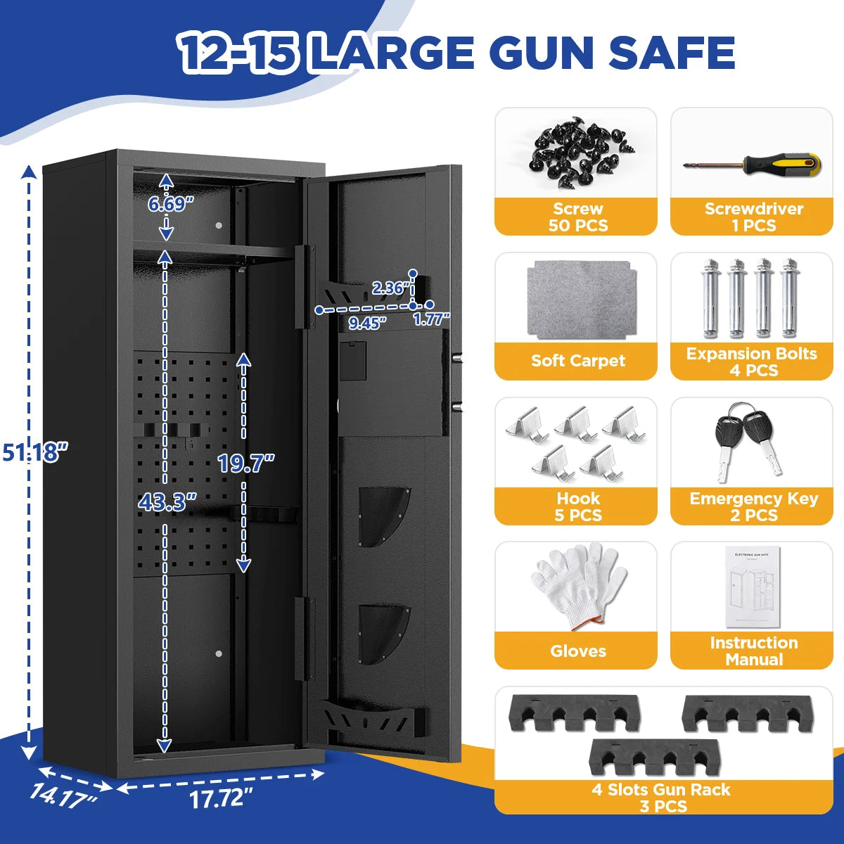 BESAFETY 10-15 Gun Cabinet, Quick Access Long Gun Safe, Rifles & Pistols, Large Unassembled Safe with Digital Board