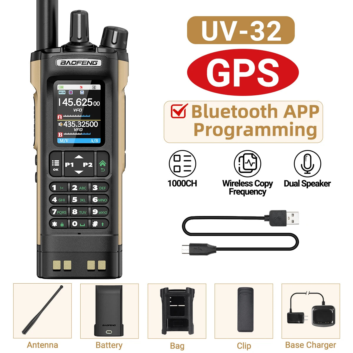BAOFENG UV-32 GPS Walkie Talkie 10W Multi Band Bluetooth Programming Wireless Copy Frequency NOAA Long Range Ham Two Way Radio