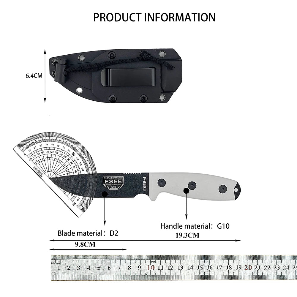 ESEE 4 EDC Straight Knife D2 Blade G10 Handle Kydex Sheath Jungle Adventure Camping Picnic Trekking Climbing Portable Fruit Cutting Tool Fishing Forest Exploration Mountain Trip Wild Camping Field Harvest Outdoor BBQ Handcraf