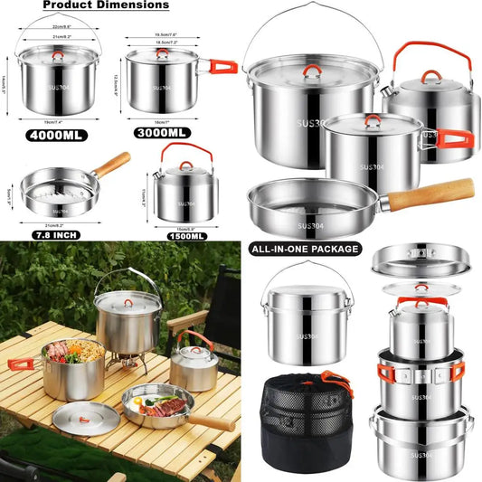 Camping Cookware Set,Camping Cooking Set,304 Stainless Steel Camping Pots and Pans Set,Durable Camping Gear with Kettle for Hiki