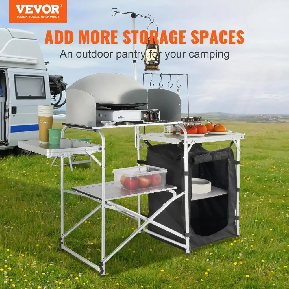 Folding Outdoor Cooking Table with Storage Bag, Aluminum Cook Station & Windscreen for Picnics, BBQ, RV Travel