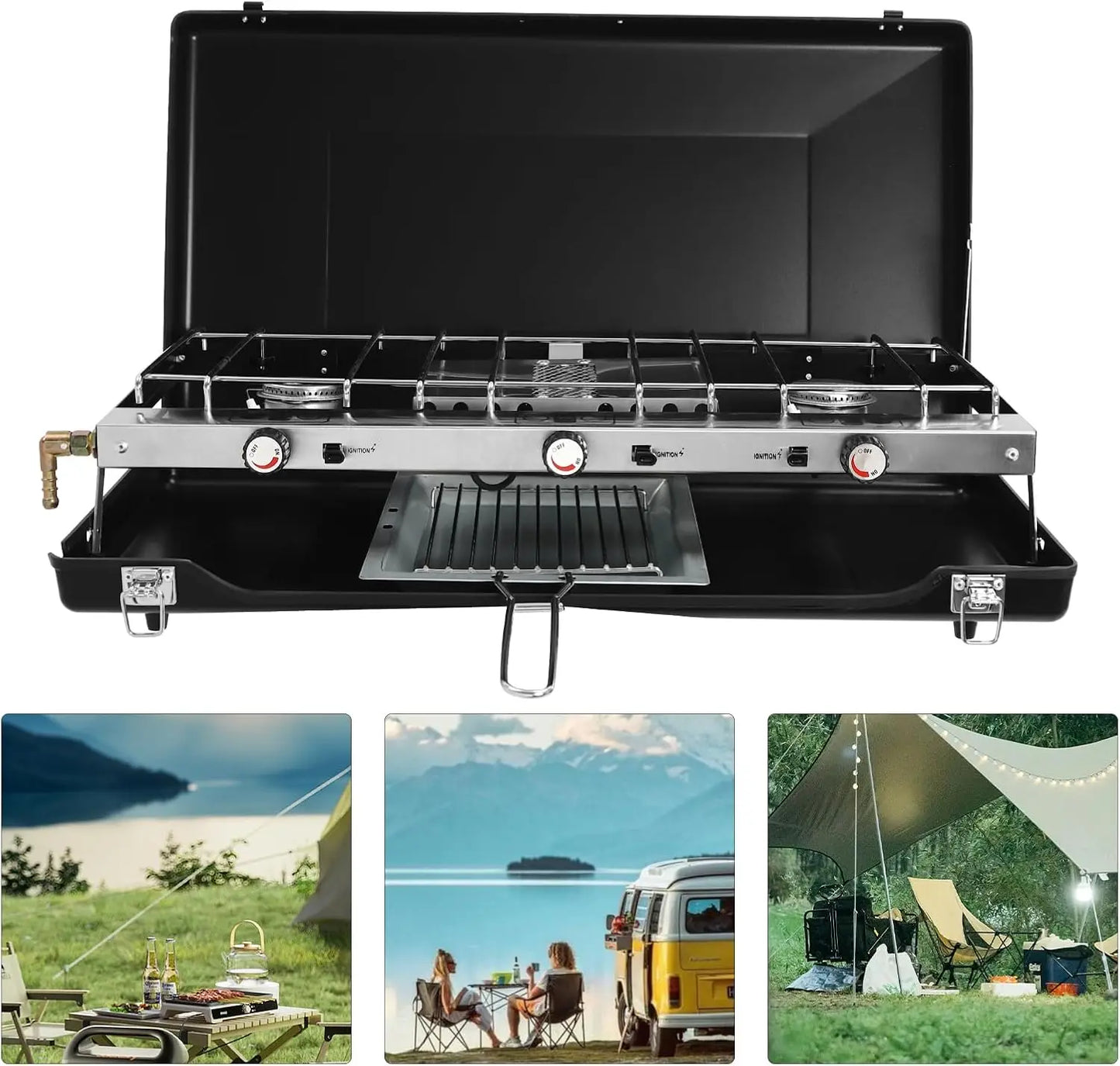 3-Burner Gas Camping Stove, 4500W Portable Outdoor Stove with Adjustable Flame, Foldable Design & Piezo Ignition, No Assembly Required