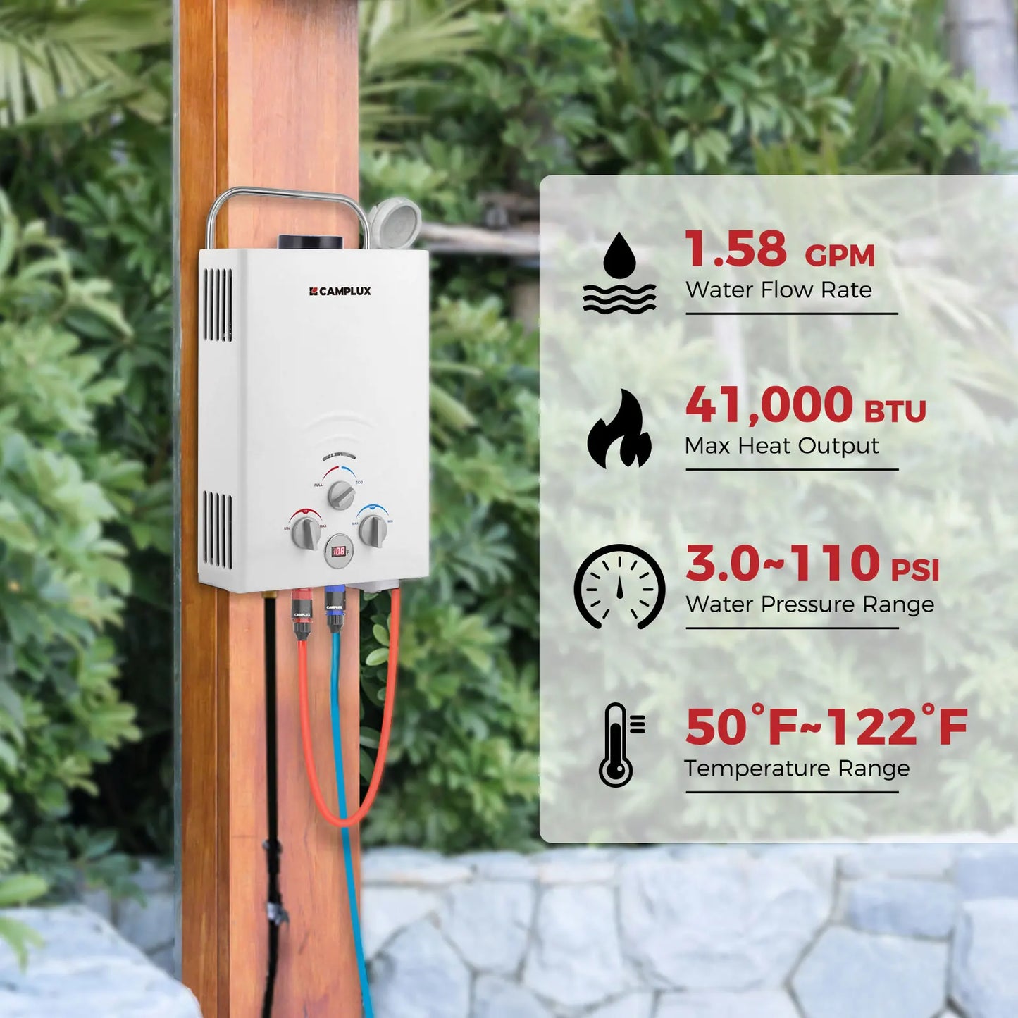 CAMPLUX Portable Water Heater, 1.58 GPM Tankless Propane Water Heater, 41,000 BTU Outdoor Water Heater for Camping, BW158, White