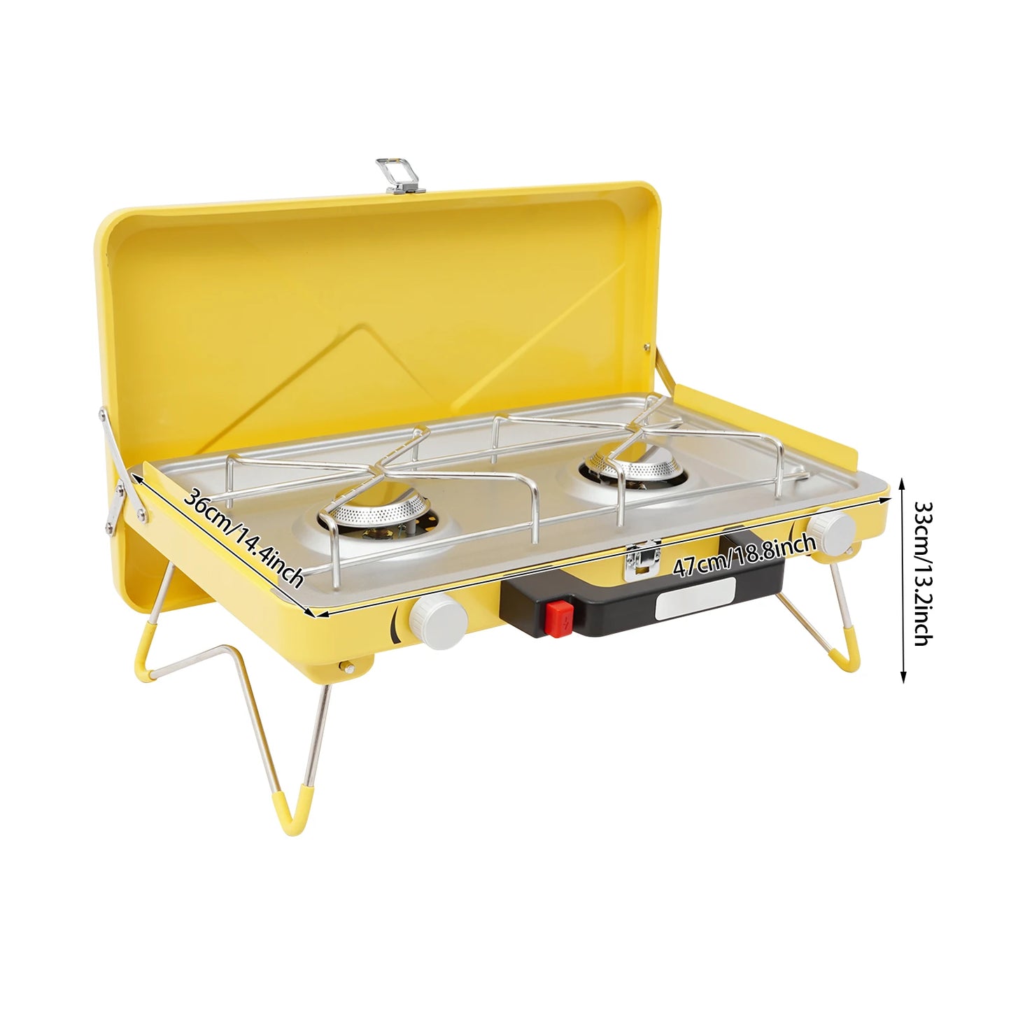 2-Burner Stainless Steel Camping Stove,Yellow/White Rectangular Portable Camping Stove Button+Knob for Outdoor Use
