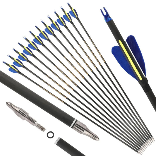 30" Archery Pure Carbon Arrow SP300 2" Natural Feather Recurve Bow Shooting Bow Hunting Target 12pcs Carbon Arrow