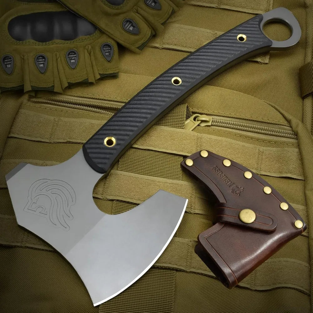 12.2 Tactical Tomahawk Axe with Leather Sheath, G10 Handle, Heavy Duty Full Tang Viking Axe with 4.3 Titanium Coated Bla