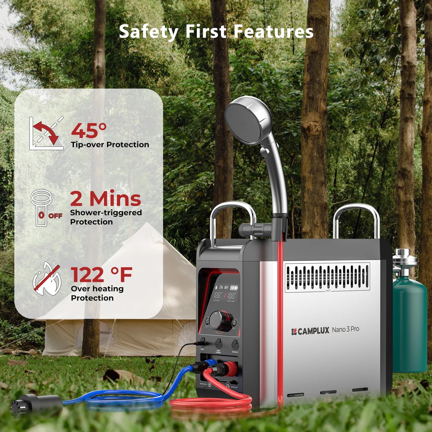 CAMPLUX 1 lb Propane On-Demand Portable Water Heater Nano 3 Pro, Table Top Camp Water Heater & Shower Pump w/Built-in Battery