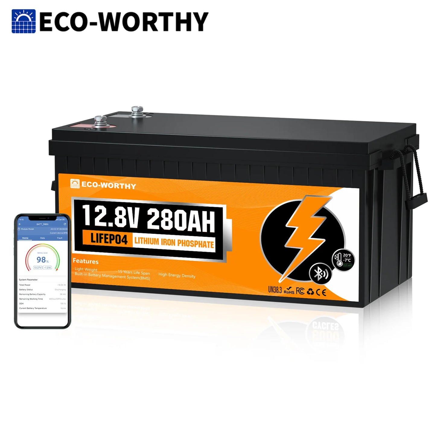 ECO-WORTHY 3584Wh 12V 280Ah Metal Case LiFePO4 Battery w/Bluetooth & Low Temp Cutoff - Built-in 200A BMS - Deep Cycle for Camper, Traile