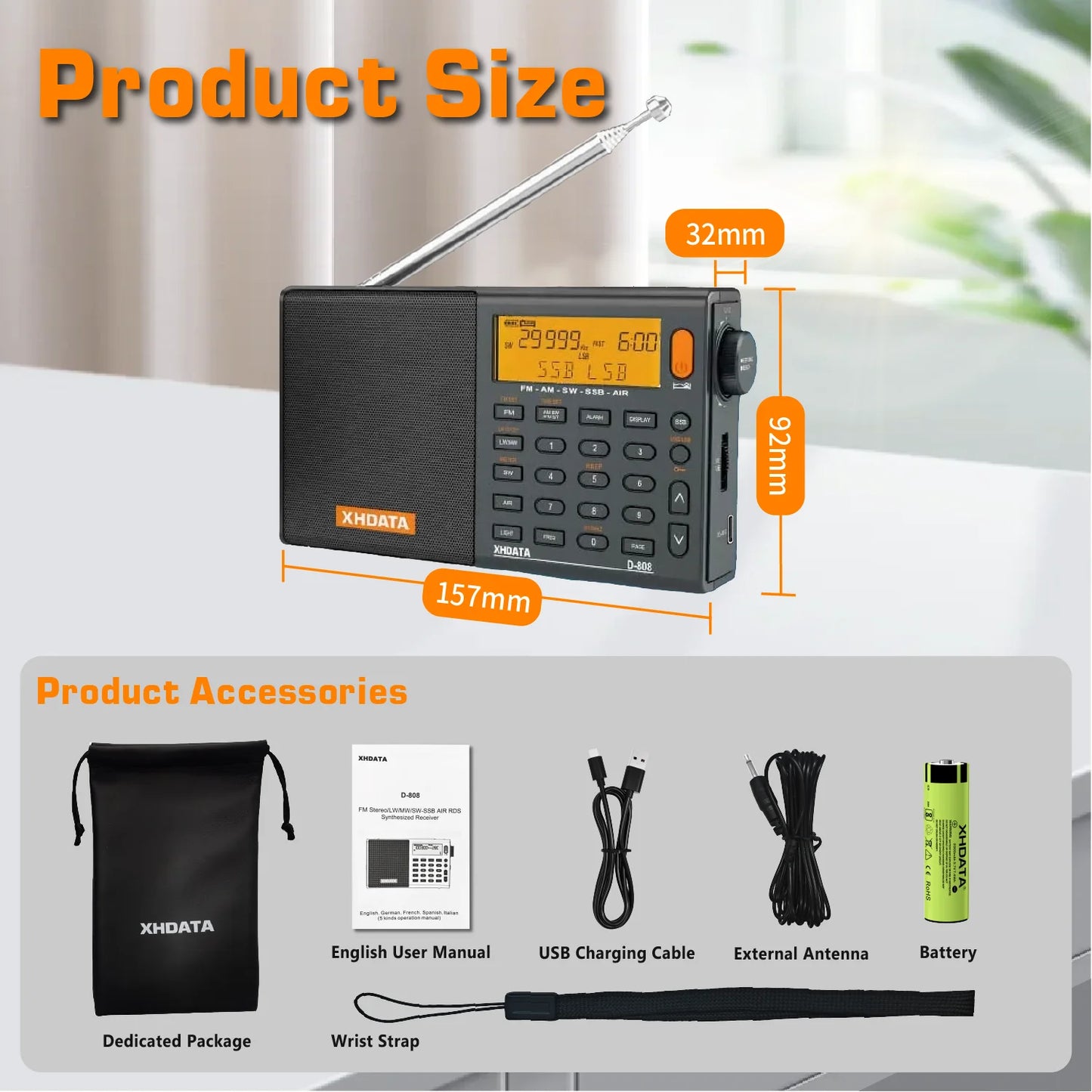 XHDATA D808 Professional AM FM SW MW AIR SSB RDS Radio Long Range Reception Portable Rechargeable Multiband Radio Stereo Sound