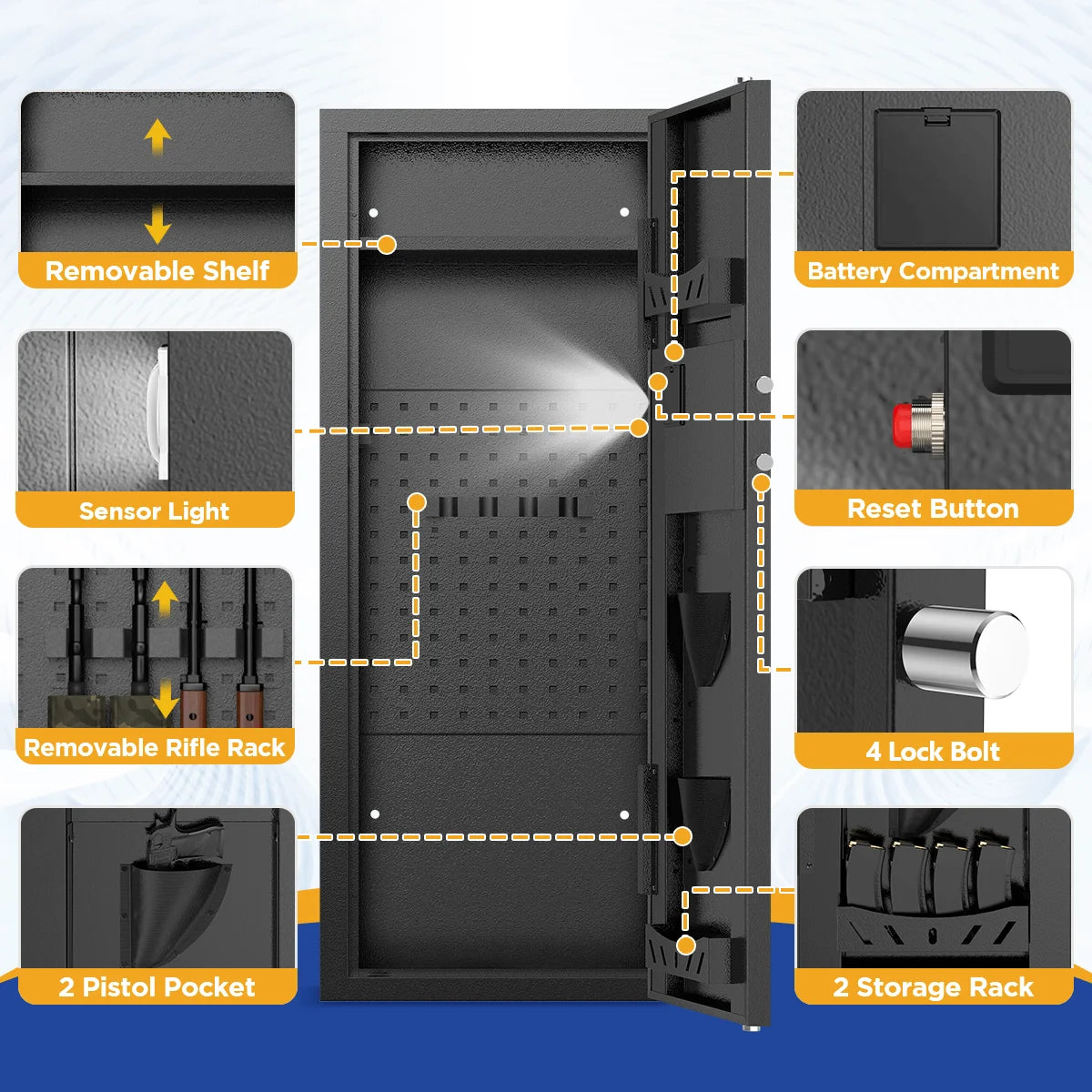BESAFETY 10-15 Gun Cabinet, Quick Access Long Gun Safe, Rifles & Pistols, Large Unassembled Safe with Digital Board