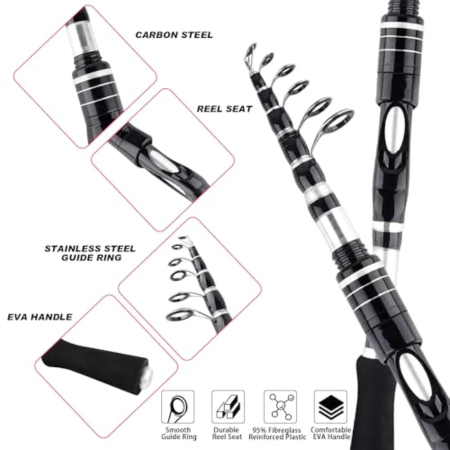 2PCS Telescopic Fishing Rods and Reels Combo Set 6.89ft Portable Fishing Pole Spinning Reel Lures Accessories with Storage Bag