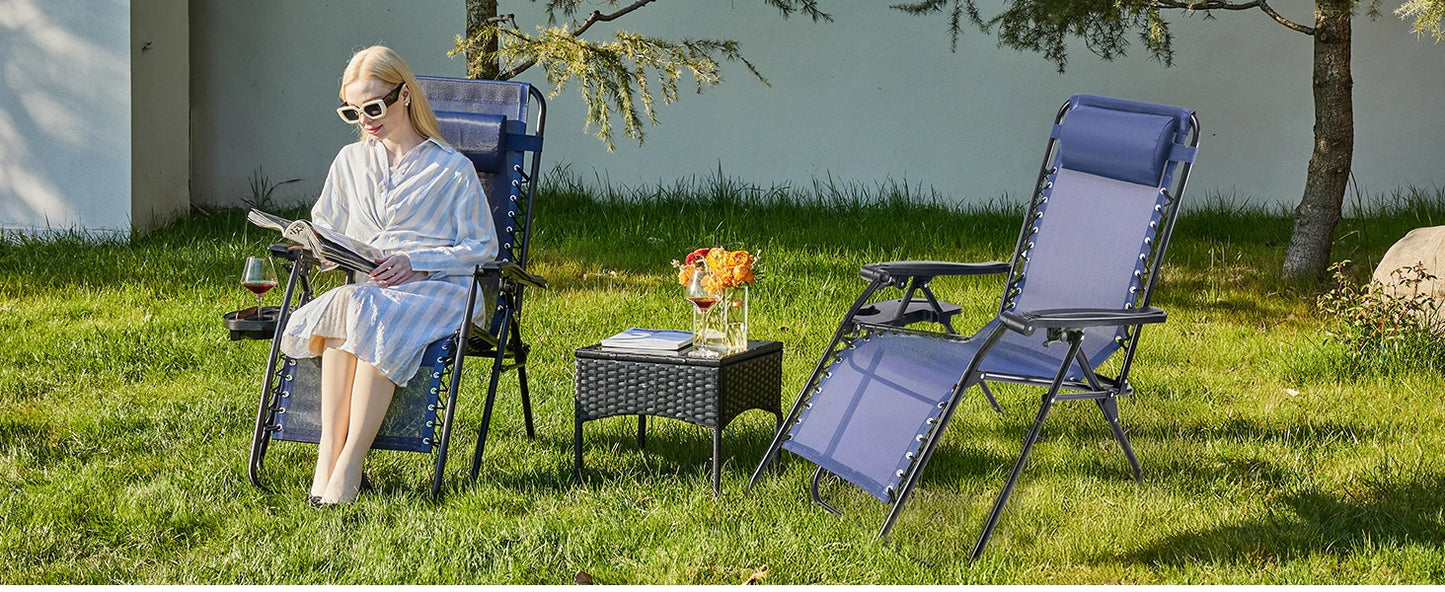 JHK Zero Gravity Set of 2 Portable Recliner Camping Patio Outdoor Garden Lounge Chair with Cup Holder Trays Adjustable Pillow