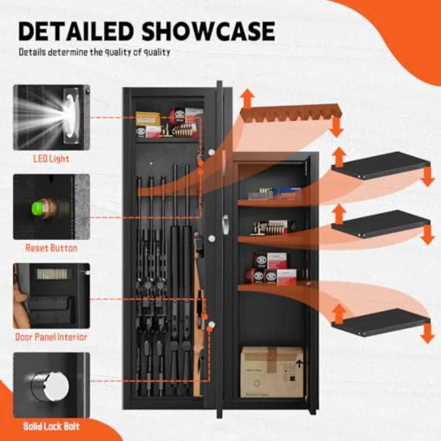 2025 New Large Home Gun Safe for Rifles and Pistols with Detachable Racks and 4 Pistol Pockets Ideal for Secure Storage of Long