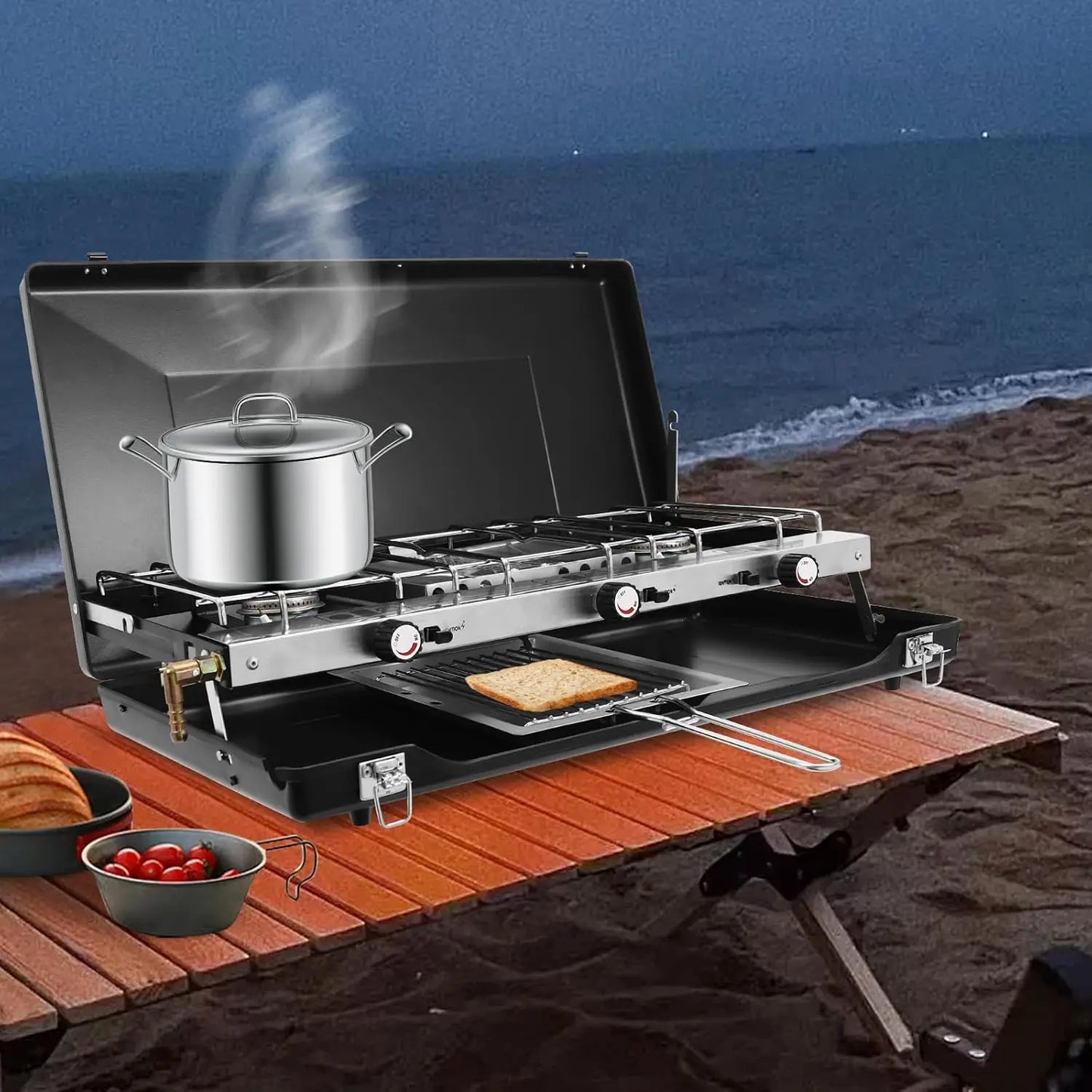 3-Burner Gas Camping Stove, 4500W Portable Outdoor Stove with Adjustable Flame, Foldable Design & Piezo Ignition, No Assembly Required