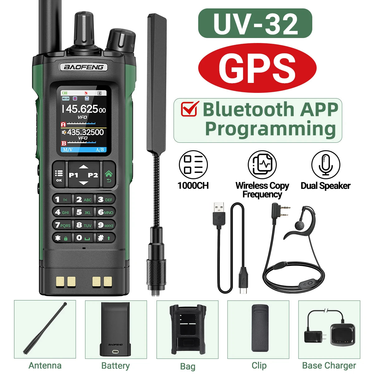 BAOFENG UV-32 GPS Walkie Talkie 10W Multi Band Bluetooth Programming Wireless Copy Frequency NOAA Long Range Ham Two Way Radio