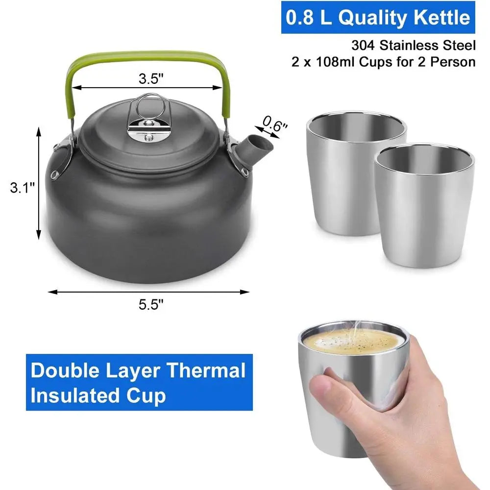 Lightweight Camping Cookware Set with Pot, Pan, Kettle, 2 Cups, Fork, and Spoon - Stainless Steel, Ideal for Backpacking, Hiking