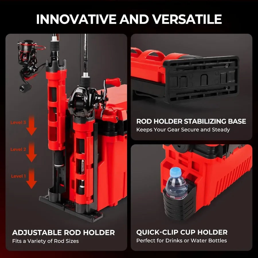 Portable Tackle Storage Box with Adjustable Rod Holder and Cup Holder Removable Dividers for Fishing
