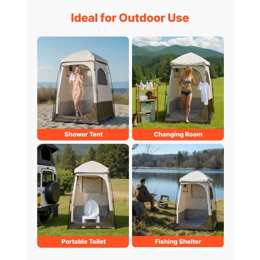 Portable Camping Shower Tent Single Room Foldable Privacy Shelter with Ground Stakes Ropes Carrying Bag and Crossbar Made of Du