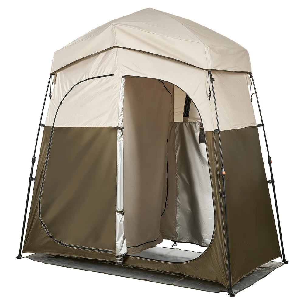 Camping Shower Tent, 2-Room Foldable Portable Privacy Tent Changing Room with Ground Stakes, Ropes, and Carry Bag, 150D Oxford Fabric with Silver Coating, for Camping, Beach, and Fishing