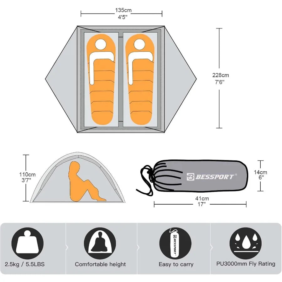 Lightweight Backpacking Tent for 2-3 Persons with Waterproof and Windproof Features Double Layer Design Two Doors for Easy Acce