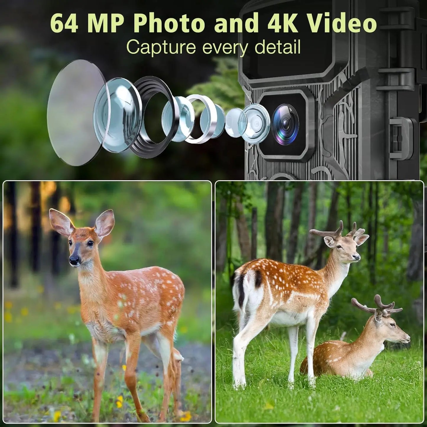 Trail Camera 4K 64MP WiFi Bluetooth, Night Vision Wildlife Hunting Camera, 0.1s Trigger, IP67 Waterproof, 130° Wide Angle