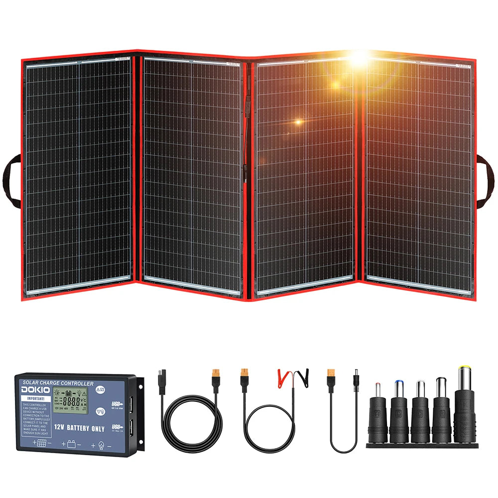 Dokio 100/160/200/300W Portable Flexible Foldable 18V Solar Panel with 12V Controller Kit for Camping Battery Charging