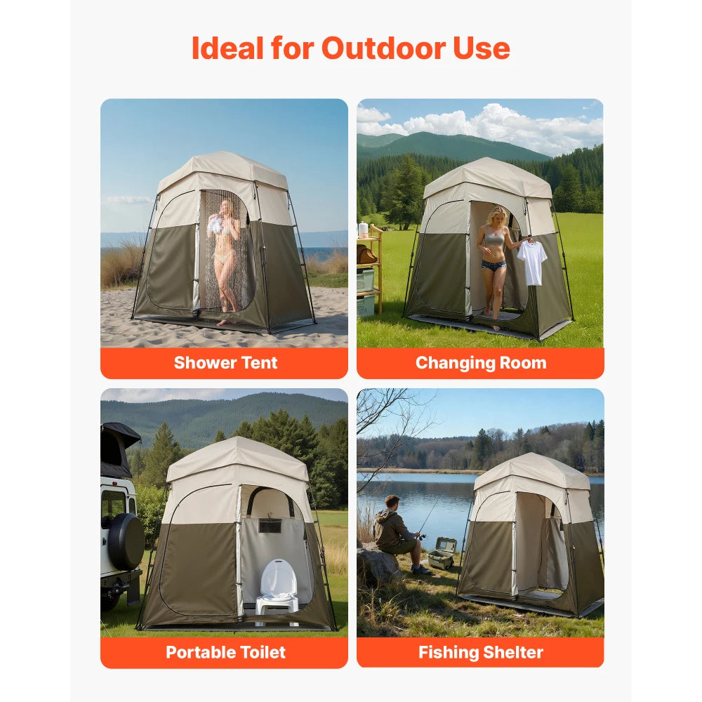 Camping Shower Tent, 2-Room Foldable Portable Privacy Tent Changing Room with Ground Stakes, Ropes, and Carry Bag, 150D Oxford Fabric with Silver Coating, for Camping, Beach, and Fishing